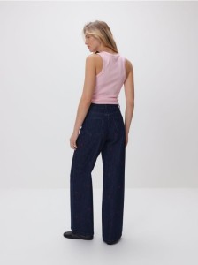 Jeansy wide leg z haftem - granatowy