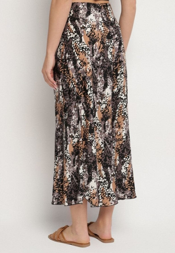 Szaro-Beżowa Wiskozowa Spódnica z Wysokim Stanem i Abstrakcyjnym Wzorem Rinalisa