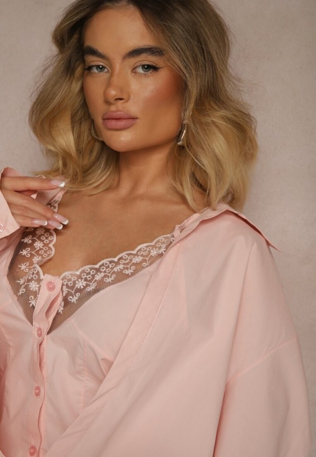 Różowa 2w1 Koszula z Bawełny i Top na Ramiączkach z Koronką Telowena