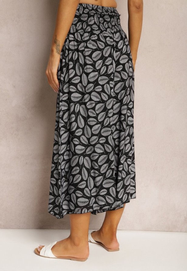 Czarne Bawełniane Spodnie z Szerokimi Nogawkami 7/8 i Gumką w Pasie Elenthe