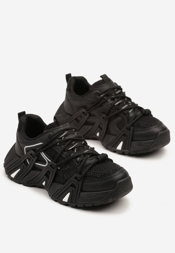 Czarne Sneakersy na Platformie z Cyrkoniami i Geometrycznym Wzorem Lavivione