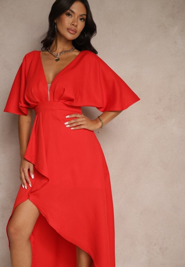 Czerwona Asymetryczna Sukienka Koktajlowa Vices Ozdobiona Falbanką Nelioraia