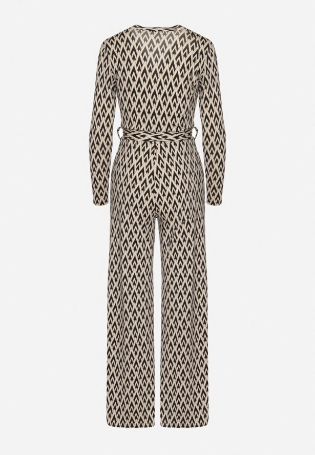 Czarny Kombinezon Ozdobiony Geometrycznym Wzorem z Wiązanym Paskiem Palenori