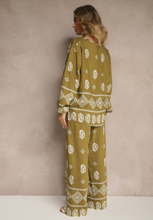 Ciemnozielony Komplet w Stylu Etno Spodnie z Gumką w Pasie i Bluzka Oversize Eviralyn