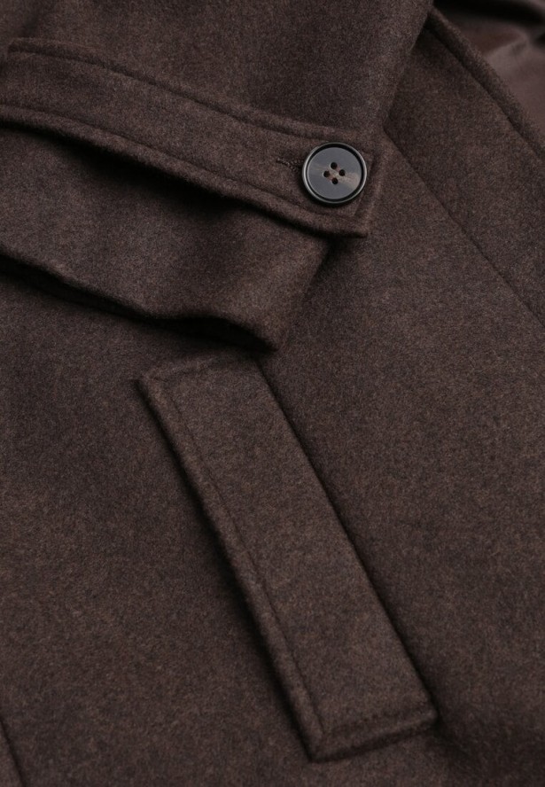 Brązowy Jednorzędowy Płaszcz z Wełną i Wiskozą w Stylu Trencza Lutila
