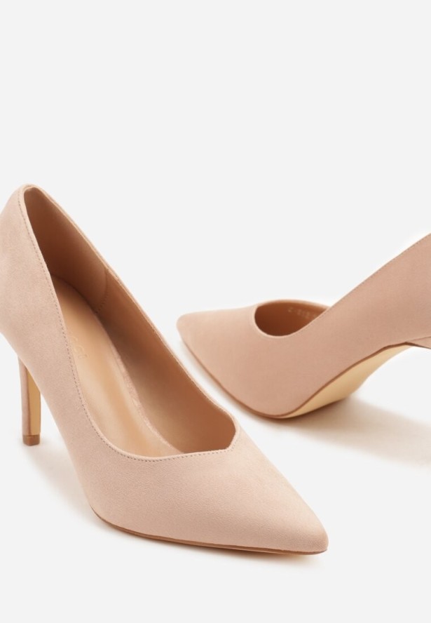 Różowe Czółenka z Imitacji Zamszu na Obcasie ze Szpiczastym Noskiem Zalinne