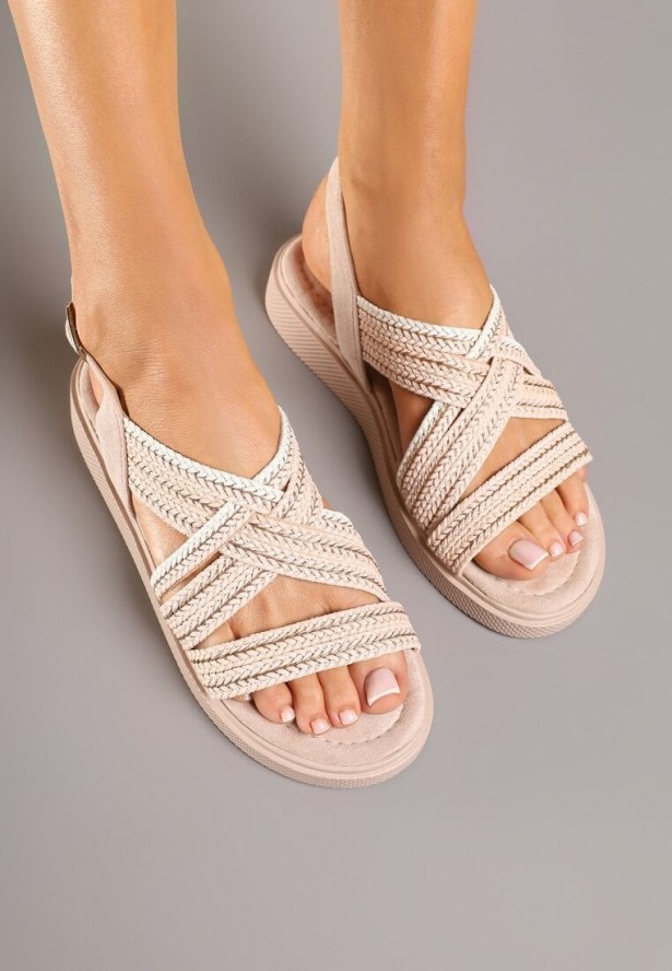 Różowe Sandały Ozdobione Plecioną Cholewką Selozi