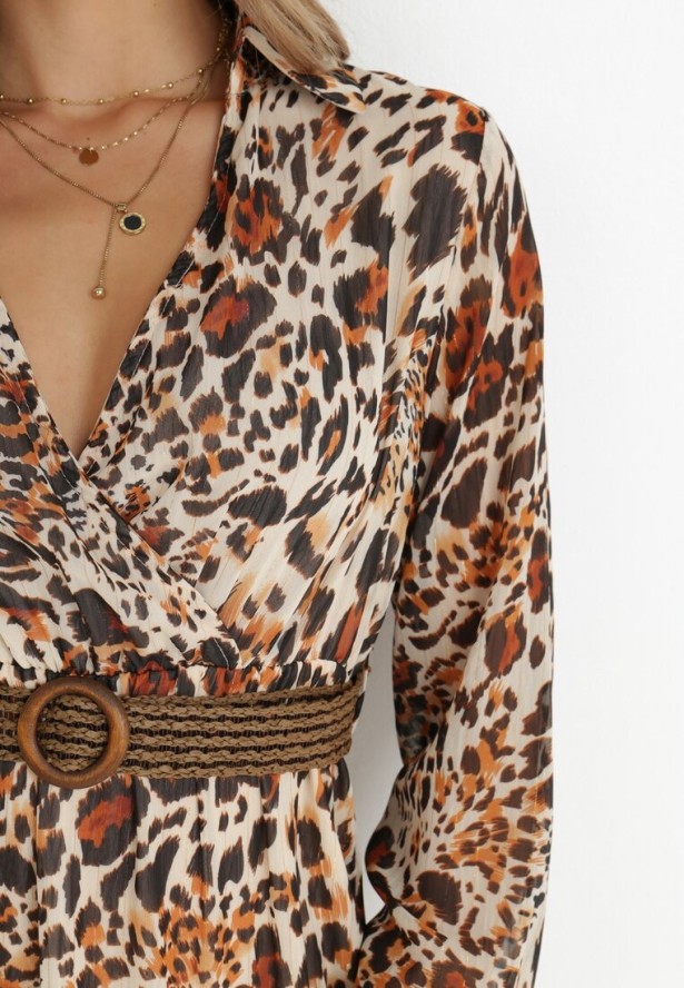 Brązowo-Beżowa Sukienka Z Paskiem Phaenala