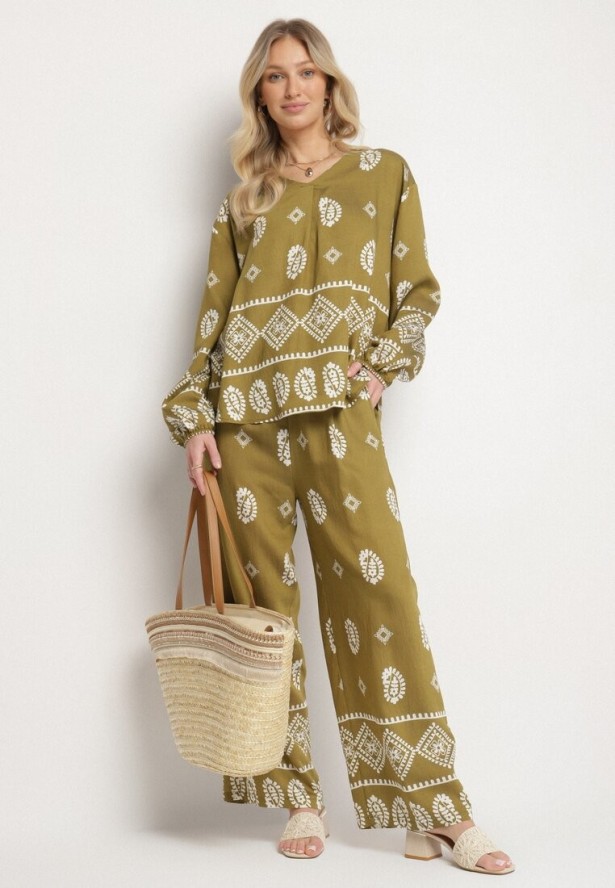 Ciemnozielony Komplet w Stylu Rustykalnym Luźna Bluzka i Spodnie z Wiskozą Emilaris