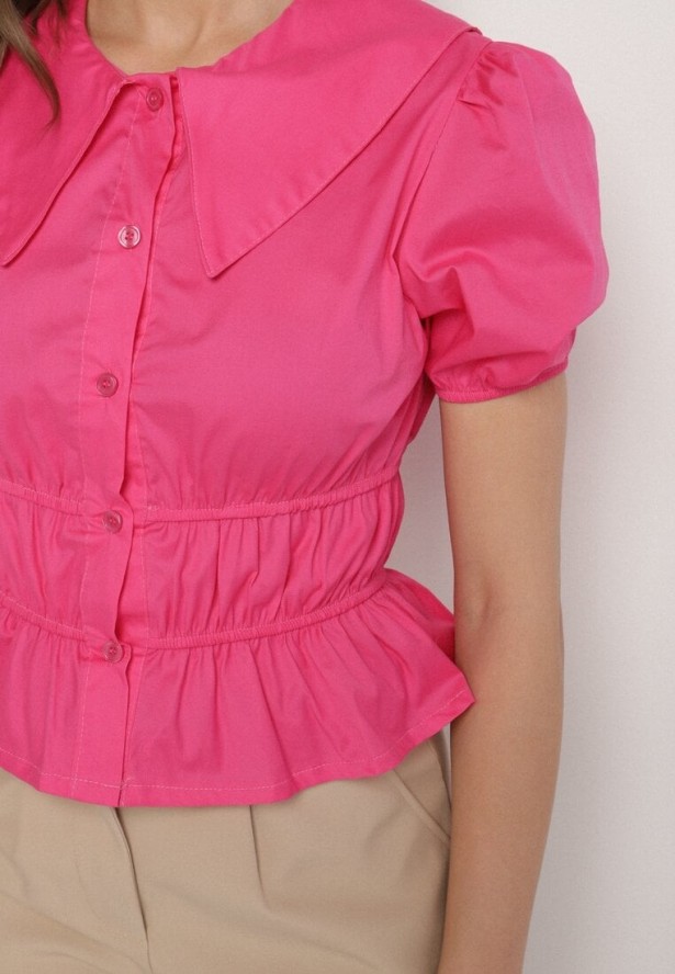 Fuksjowa Bawełniana Koszula z Bufiastymi Rękawami i Ozdobnymi Marszczeniami Efrinda