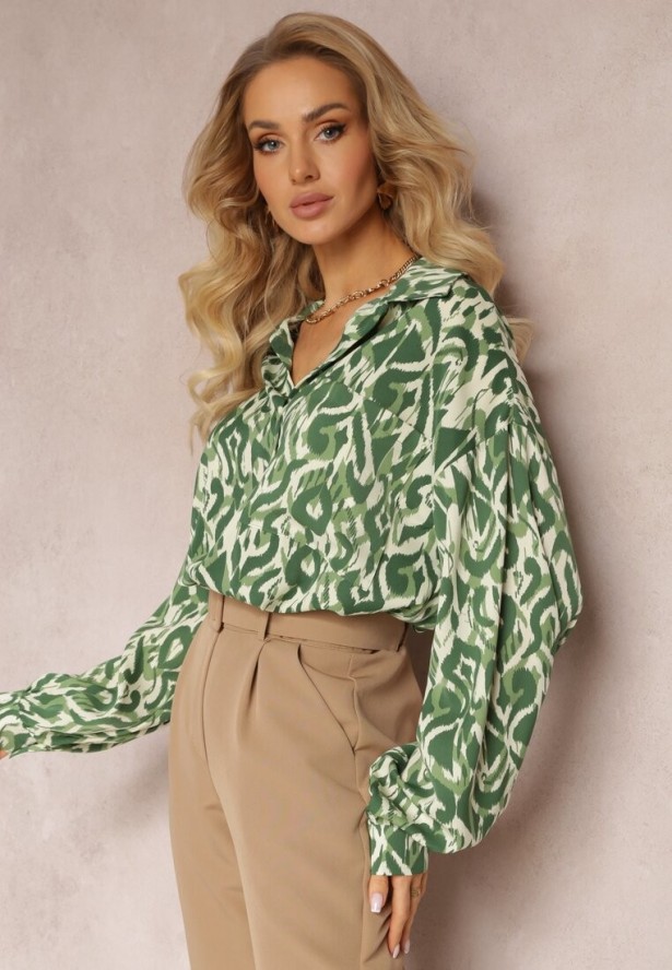 Zielona Koszula z Wzorzystego Materiału z Długimi Rękawami Cyllia