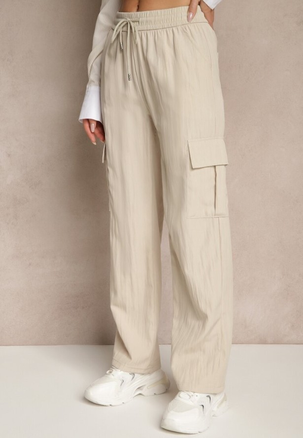 Jasnobeżowe Spodnie Cargo z Bawełną o Szerokim Kroju High Waist Mairiora
