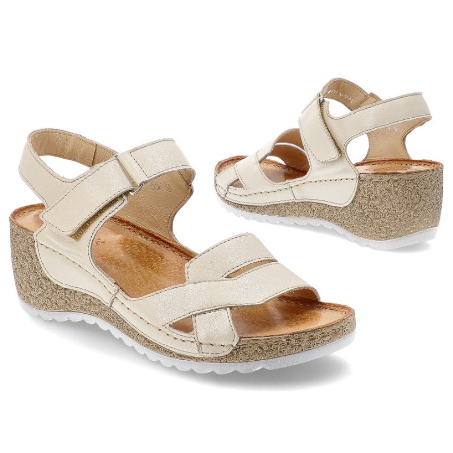 Sandały damskie Wasak, na koturnie ze skóry naturalnej z odkrytą piętą wygodne, waniliowe, 757