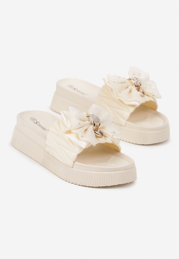 Beżowe Klapki na Grubej Podeszwie z Ozdobną Kokardą Kinnela