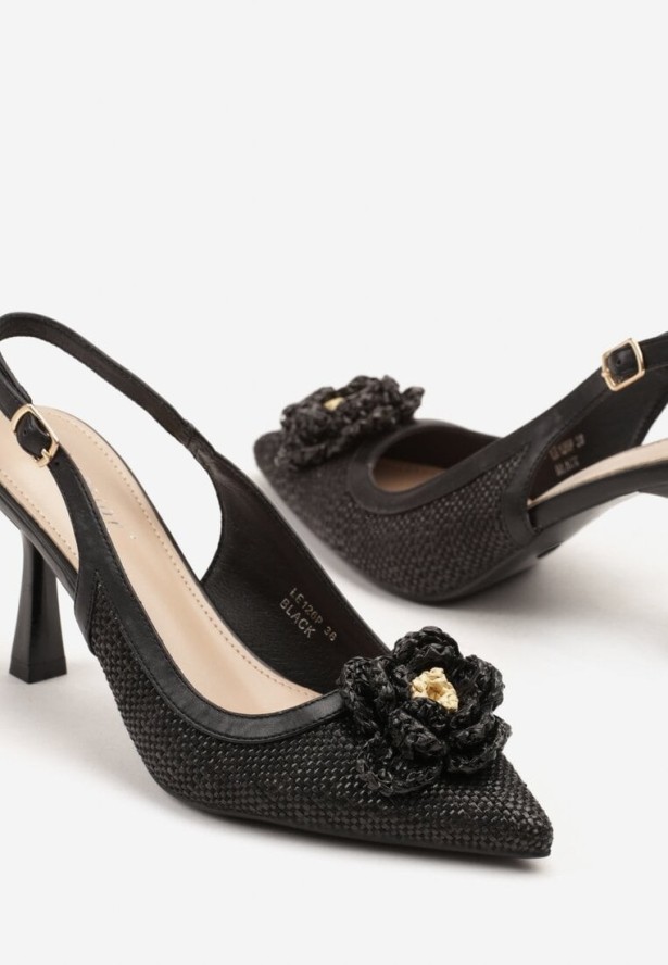 Czarne Plecione Sandały Slingback na Szpilce Zdobione Kwiatową Aplikacją Willifia