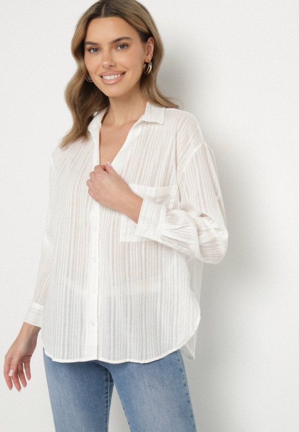 Biała Koszula Bawełniana w Paski z Kieszonką Lialune