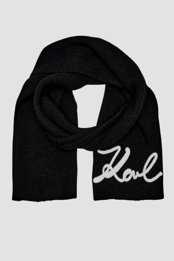 KARL LAGERFELD Czarny szalik damski Logo Signature z domieszką wełny
