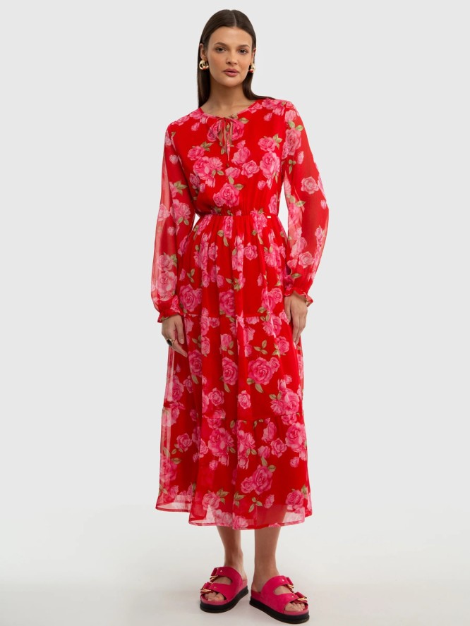 Sukienka damska midi z motywem kwiatowym czerwona Malini 603