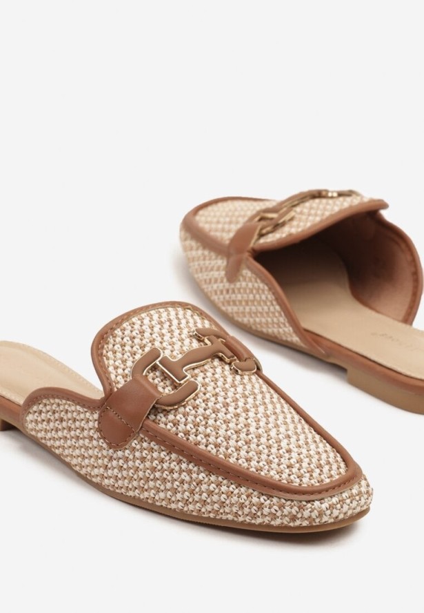 Brązowo-Beżowe Tweedowe Klapki Mule z Eleganckim Zdobieniem Sonarena