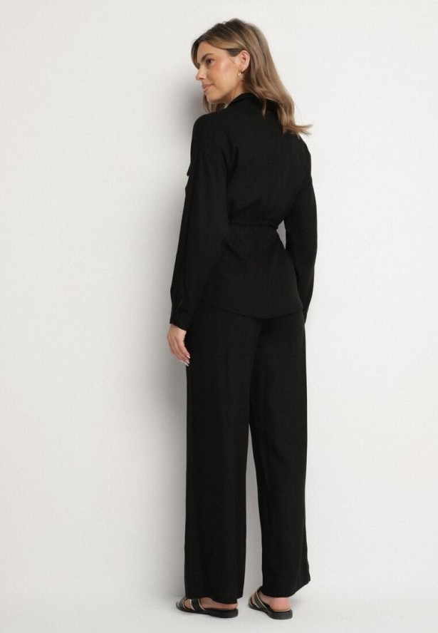 Czarny Komplet z Wiskozą Koszula Ściągana w Talii i Szerokie Spodnie Divellara