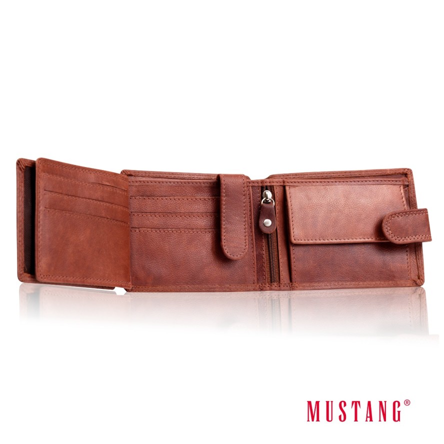 MUSTANG Denimo Wallet Side Opening With Button SKÓRZANY PORTFEL POJEMNY NA KARTY PREMIUM RFID
