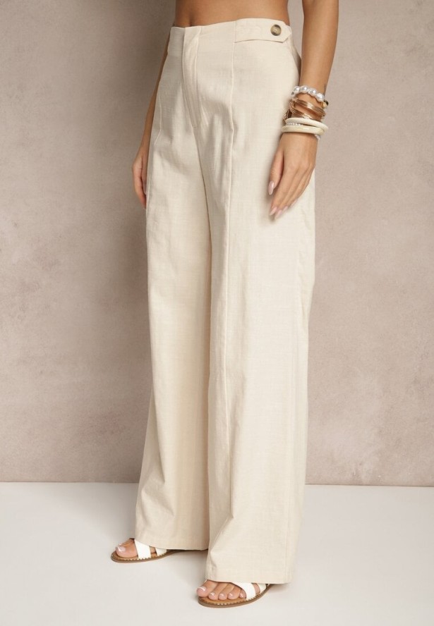 Beżowe Spodnie z Bawełną i Wiskozą o Szerokim Kroju z Imitacją Kieszeni Divlene