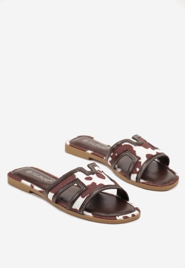 Brązowe Klapki w Krowie Łaty z Geometryczną Cholewką Idanitia