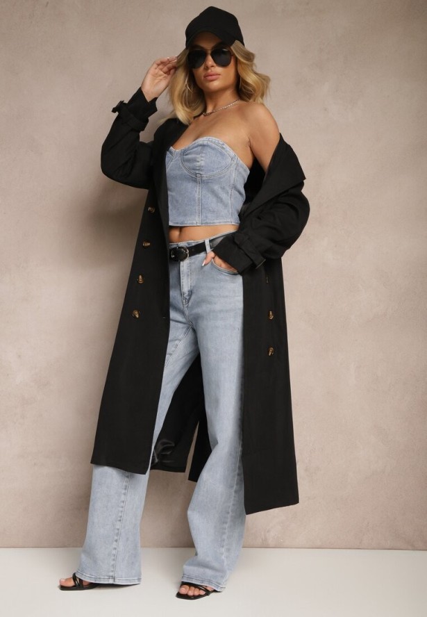 Czarny Płaszcz o Wydłużonym Fasonie Trencza z Guzikami i Paskiem Dennime