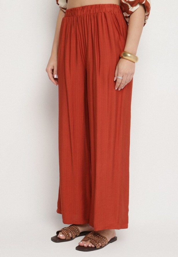 Pomarańczowy Komplet z Wiskozą Koszula i Spodnie w Geometryczny Wzór Nitasenia