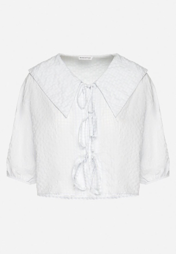 Jasnoniebieska Bluzka z Wiskozą w Kratę z Wiązaniem Radellis