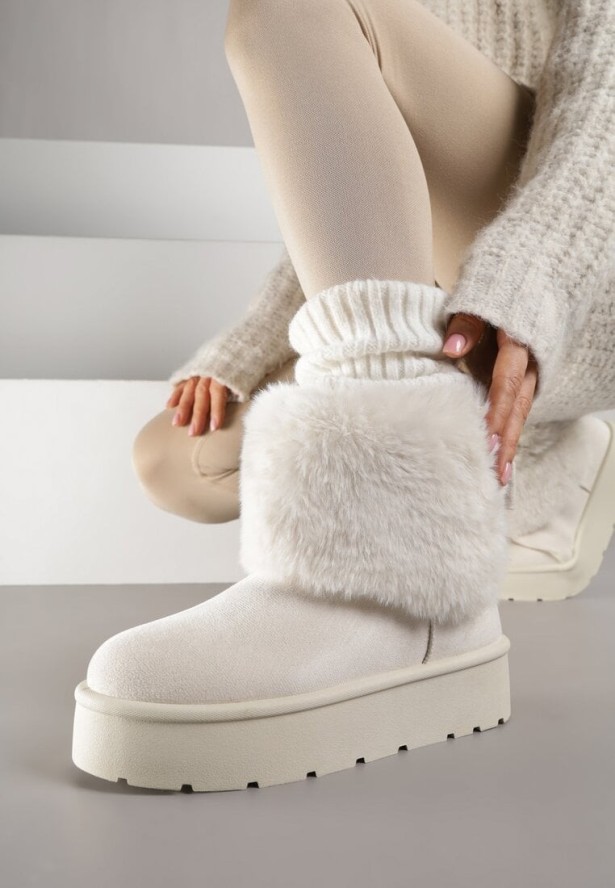 Beżowe Śniegowce z Cholewką za Kostkę Ocieplane z Futerkiem i Małą Kokardą Reinedia