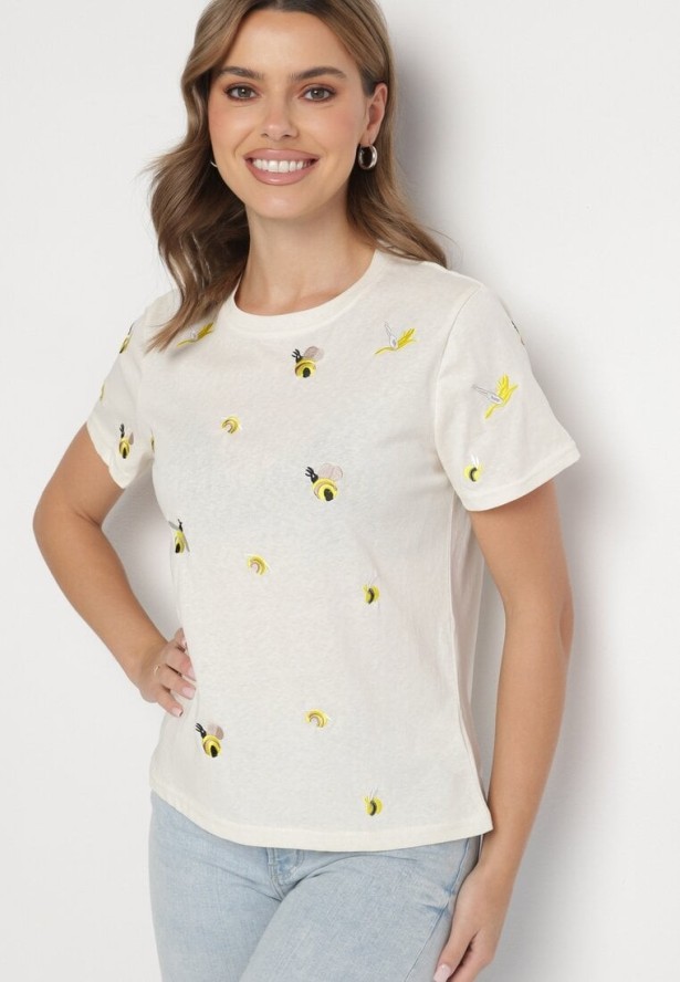 Beżowy T-shirt z Bawełny Ozdobiony Haftem Hiraviel