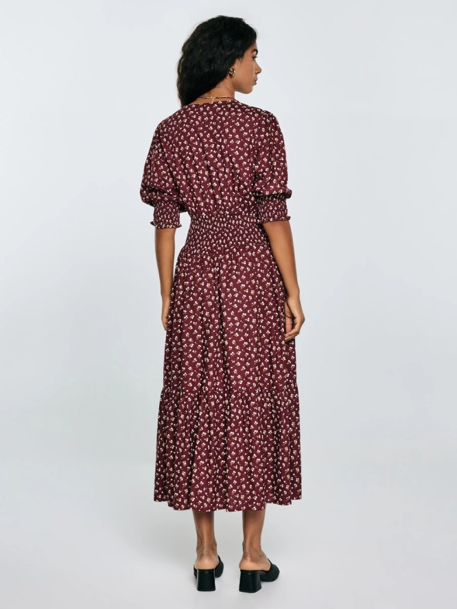 Sukienka damska midi z wiskozy z motywem kwiatowym bordowa Sheri 604