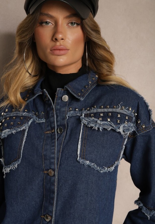 Granatowa Jeansowa Kurtka z Bawełny z Rozprutymi Elementami i Ćwiekami Trudilla