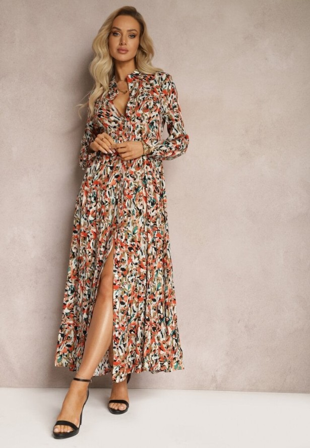 Pomarańczowa Sukienka Koszulowa na Guziki z Falbaną Eriso