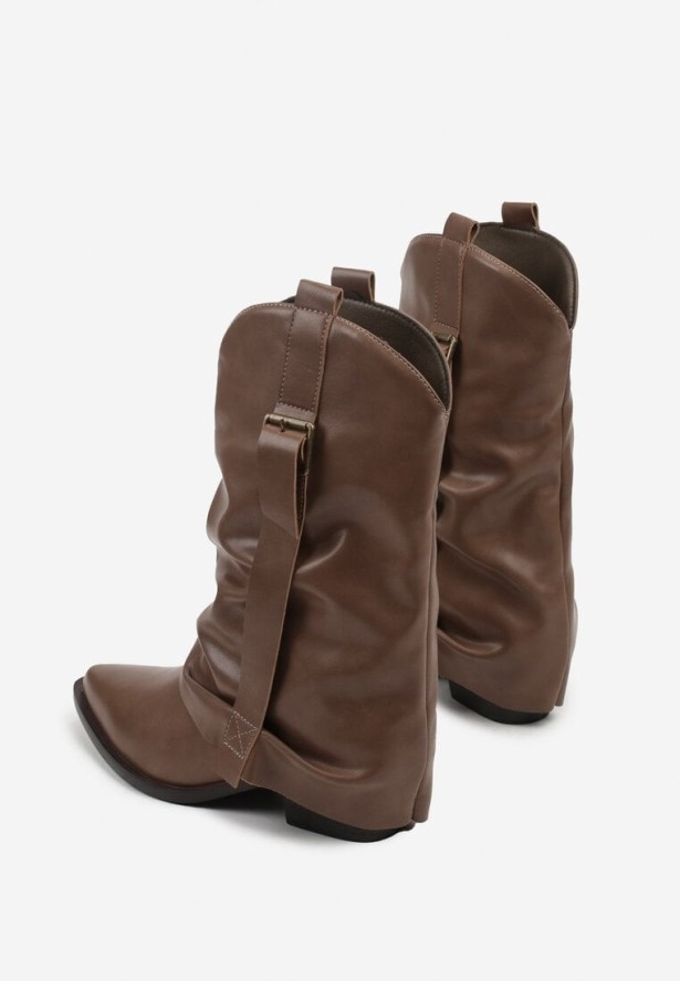 Brązowe Marszczone Botki Kowbojki z Cholewką Imitującą Nogawkę Ilosa