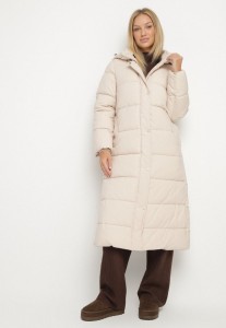 Jasnobeżowa Długa Pikowana Kurtka z Kapturem Afarriva