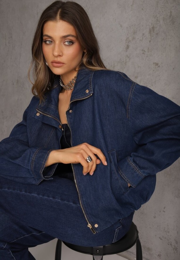 Niebieska Przejściowa Kurtka Jeansowa Balloon z Bawełny z Kołnierzykiem Abijena