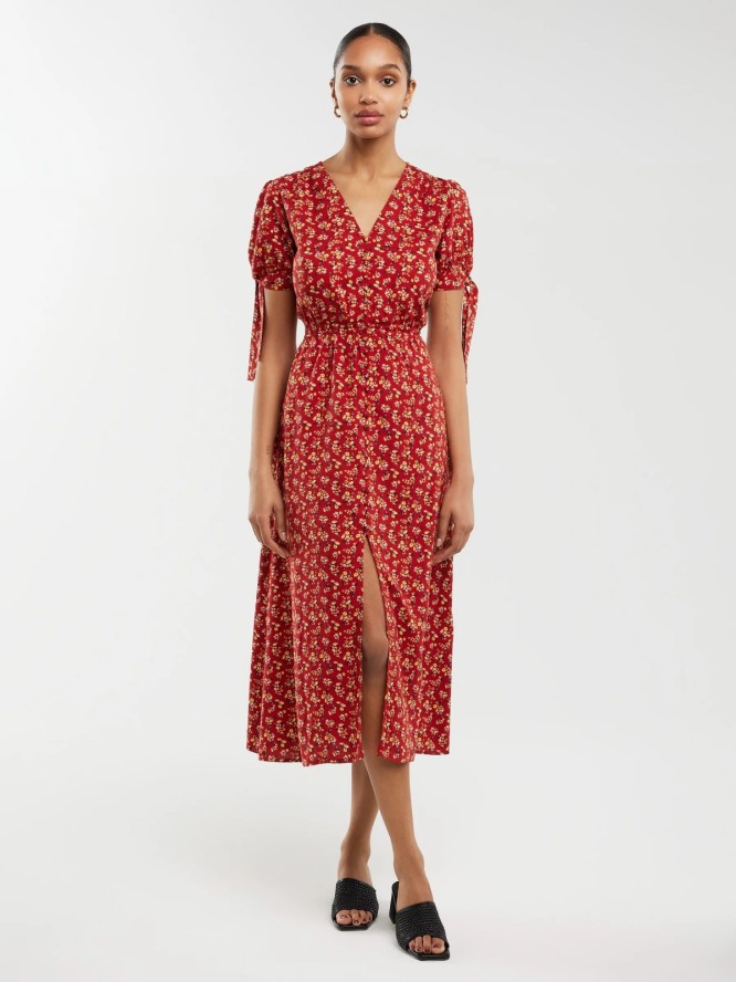 Sukienka damska midi z wiskozy z motywem kwiatowym czerwona Paregi 603