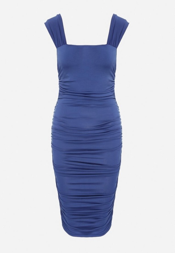 Niebieska Dopasowana Sukienka Koktajlowa z Marszczeniem Lumirene