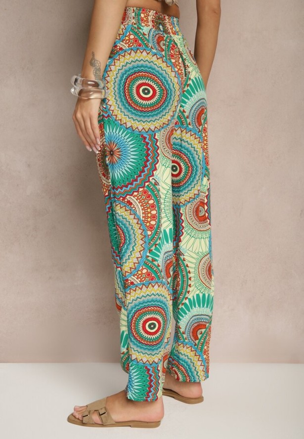 Zielone Szerokie Spodnie z Bawełny High Waist w Abstrakcyjny Wzór Jorivaess