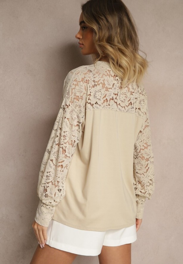 Beżowa Bluzka z Wiskozą z Koronką Eviriva