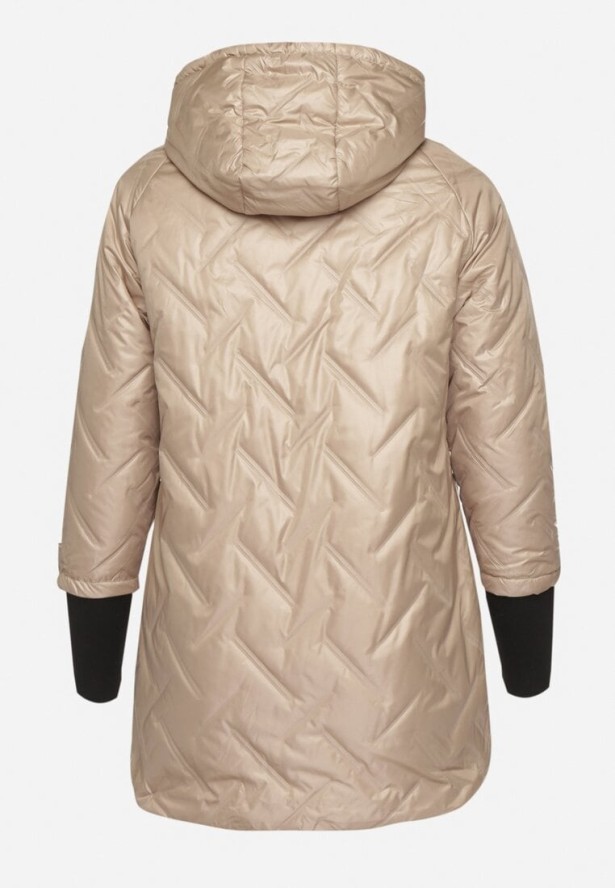 Ciemnobeżowa Kurtka Pikowana z Odpinanym Kapturem z Dłuższym Tyłem Rivselia