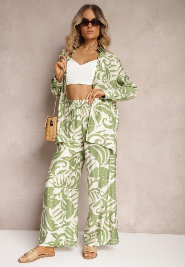 Zielony 2-Częściowy Komplet z Wiskozy Koszula z Długim Rękawem i Szerokie Spodnie Yiseria