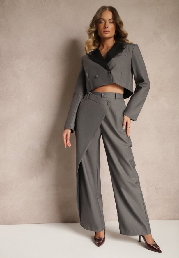 Szary Komplet Garniturowy z Krótką Marynarką i Asymetrycznymi Spodniami Remilena