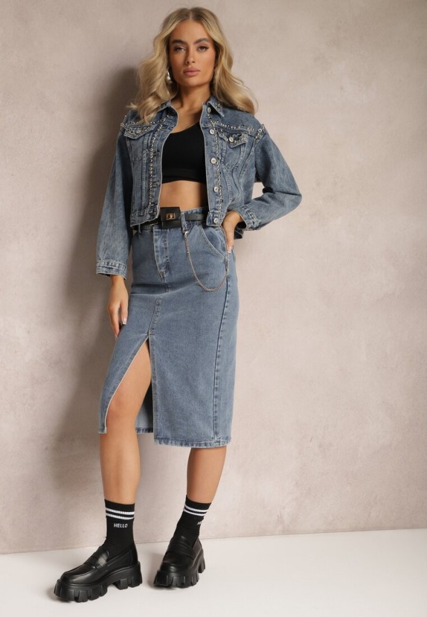 Niebieska Ołówkowa Spódnica Jeansowa z Rozcięciem i Paskiem z Saszetką Misitra