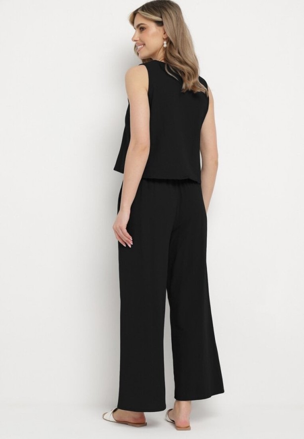 Czarny Komplet Bawełniany Koszulka bez Rękawów z Guzikami Spodnie z Gumką w Pasie Juliancella