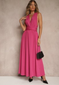 Ciemnoróżowa Sukienka Koktajlowa Multiway z Wiskozą Wiązana na Szyi Lilovea