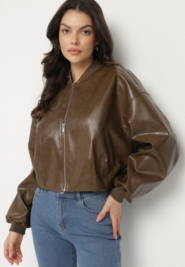 Brązowa Kurtka z Wiskozą w Stylu Bomberki z Ekoskóry Nanisiela