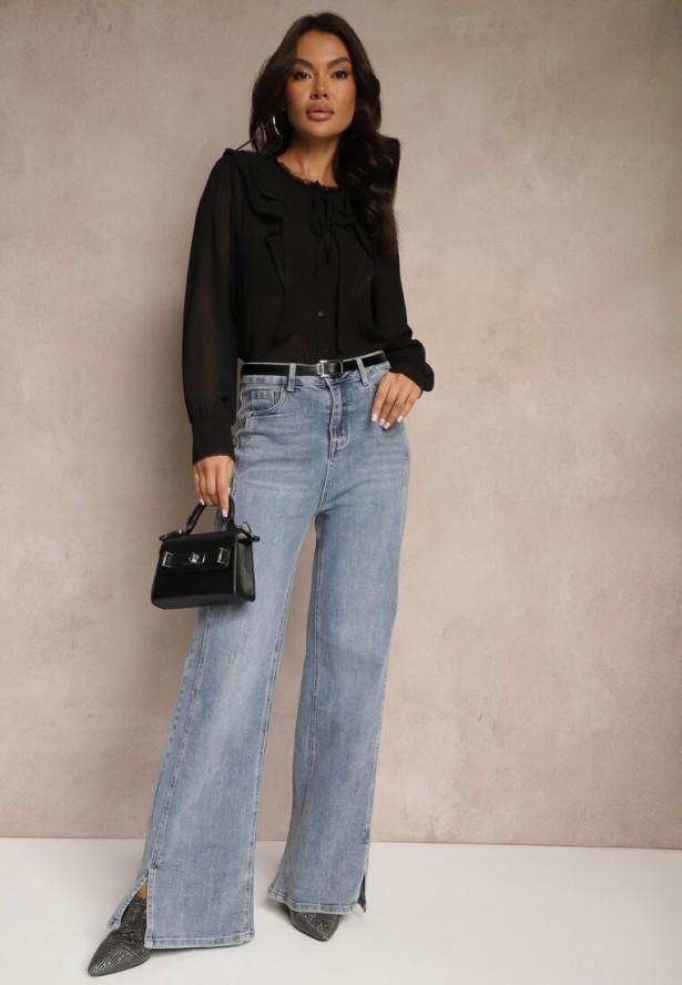 Czarna Koszula z Ozdobnymi Falbanami Landiva